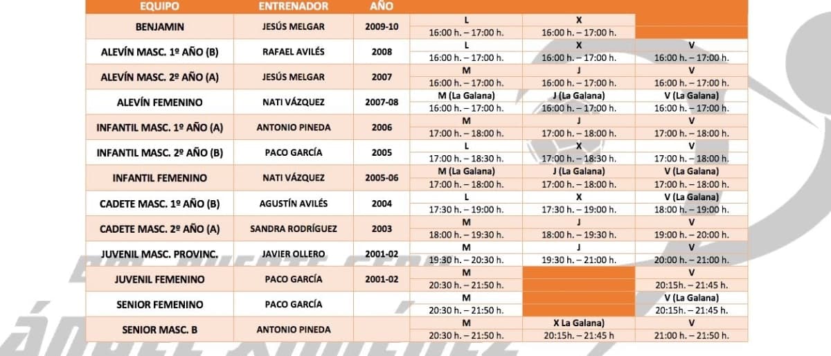 Definidos los horarios de entrenamiento de los equipos base – Temporada 2018/2019